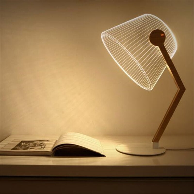 3D 효과 스테레오 비전 LED 책상 램프 나무 브래킷 아크릴 전등 갓 LED 램프 거실 침실 독서 램프 USB 플러그
